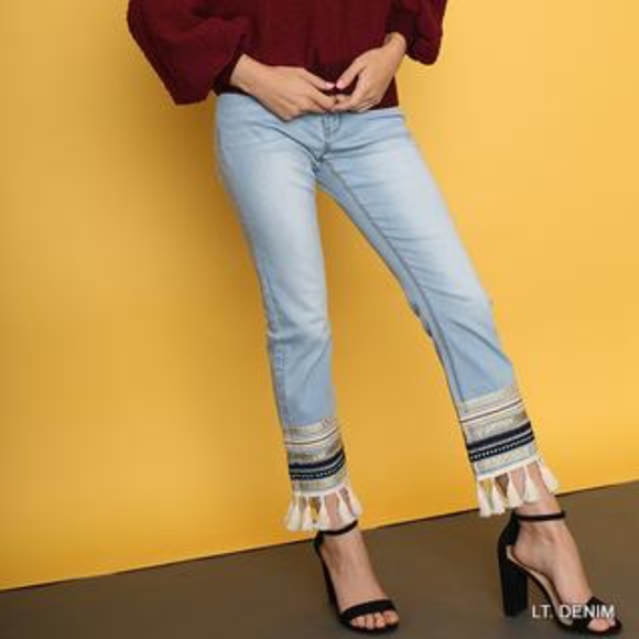 Umgee Denim - UMGEE Embellished Tassel Hem Cropped Jean